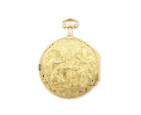 Ellicott, London. A fine 18K gold key wind quarter repeating pair case pocket watch with repousse decoration depicting Hannib