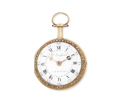 Benjamin Degland, A Genève. A gold key wind open face pocket watch with enamel decorationDate: Circa 1790 Movement: Gilt full