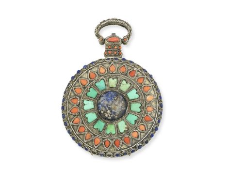 Yuen Yue Shing. A silver, coral, turquoise and lapis lazuli set key wind open face pocket watch made for the Chinese marketDa