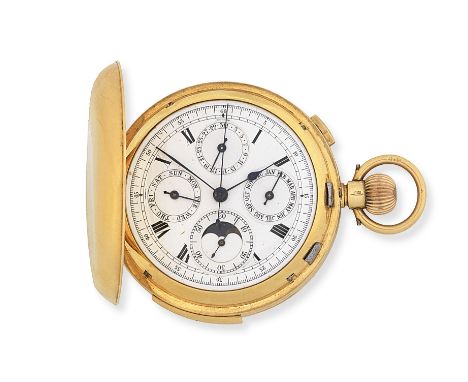 An 18K gold keyless wind minute repeating triple calendar full hunter pocket watch with moon phaseDate: London Import mark fo