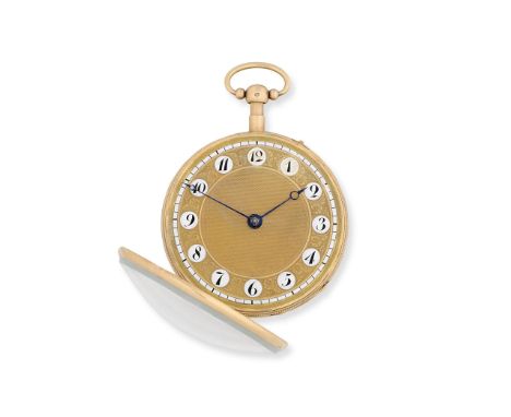 An 18K gold key wind open face quarter repeating pocket watchDate: Circa 1830Movement: Gilt full plate cylinder, 3-arm balanc