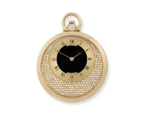 Breguet. An 18K gold and diamond set keyless wind open face pocket watch with onyx dialDate: Circa 1980Movement: 18-jewel Cal