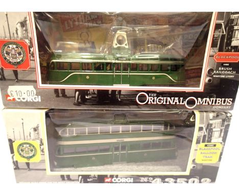 Two Corgi Blackpool trams, 44005 Rail Coach 43502 Balloon, both wartime livery, excellent condition, boxed. P&amp;P Group 1 (