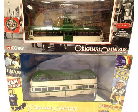 Two Corgi Blackpool trams, 44002 Rail coach current livery and 43506 Balloon 1980s, both excellent condition, boxed. P&amp;P 