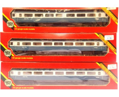 Three Hornby R439 BR mark 3 coaches, blue and grey, 42003, 43004 and 42005. all with lights, excellent condition, boxes are f