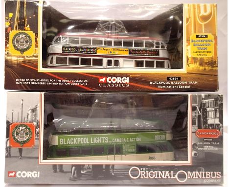 Two Corgi Blackpool trams, 43504 Illuminations Special and OM 43503 car 710 Odeon Cinema, both excellent condition, boxed. P&