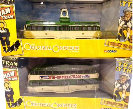 Two Corgi Blackpool trams, 44005 Rail Coach and 43508 Balloon, both 1960s livery, excellent condition, boxed. P&amp;P Group 1