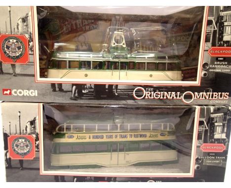 Two Corgi Blackpool trams, 44001 Rail Coach original livery 43510 Balloon Fleetwood 100 years. P&amp;P Group 1 (£14+VAT for t