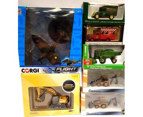 Seven mixed diecast including Oxford JCB, Siku - combine harvester, Corgi Spitfire etc, excellent condition, boxed. P&amp;P G