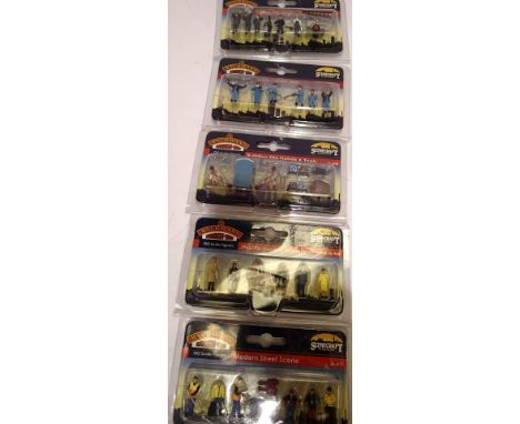 Five Bachmann figure sets, Tradesmen, Loco staff, building site tools, passengers, modern street scene, all new in packets. P