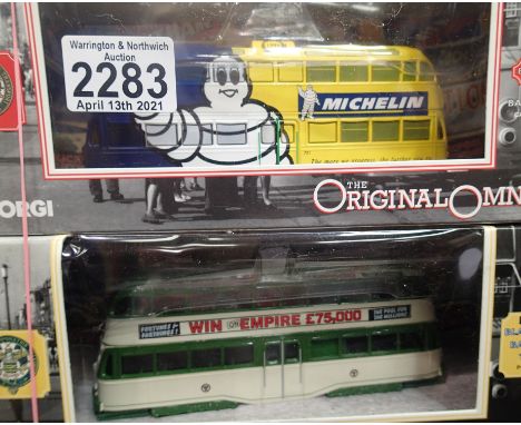 Two Corgi Blackpool trams, 43515 Michelin and 43505 Postwar, both excellent condition, boxed. P&amp;P Group 1 (£14+VAT for th