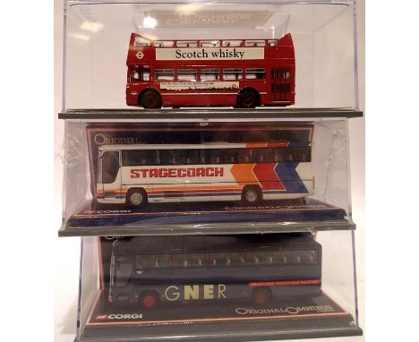Three Corgi OOC buses - GNER, Stagecoach and London Tour Bus, very good-excellent condition, boxed. P&amp;P Group 1 (£14+VAT 