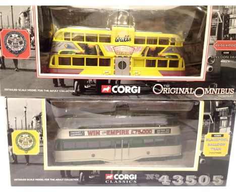 Two Corgi Blackpool trams, 43508 Balloon Walls and 43505 Balloon Postwar, both excellent condition, boxed. P&amp;P Group 1 (£