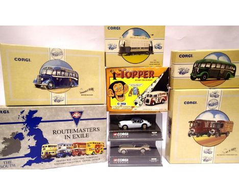 Eight Corgi Classic vehicles including Routemasters four bus set, LMS two van set, topper van, tram etc, mostly in very good 