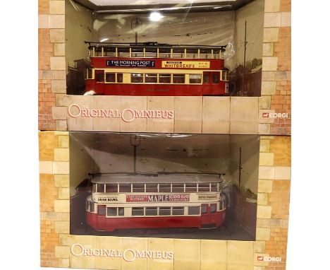 Two Corgi Feltham tram cars, 40501 London Transport and 40505 London United, both excellent condition, boxed. P&amp;P Group 1