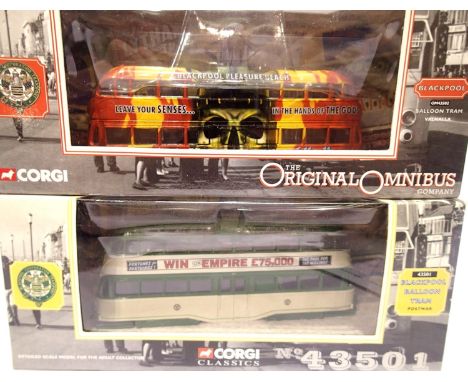 Two Corgi Blackpool trams, 43502 Balloon Valhalla and 43501 Balloon Postwar, both excellent condition, boxed. P&amp;P Group 1