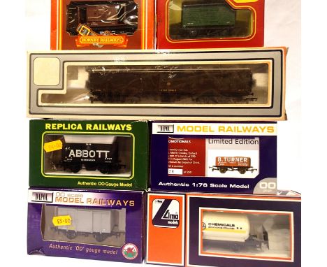 Seven assorted boxed wagons, Lima, Hornby, Dapol etc, mostly very good condition, boxes are fair-good condition. P&amp;P Grou