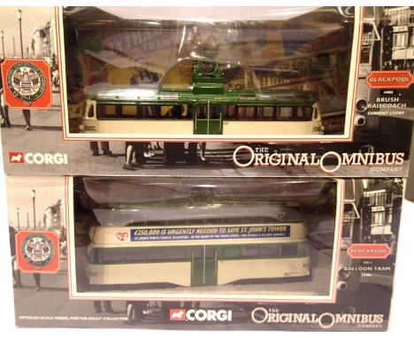 Two Corgi Blackpool trams, 44002 Rail Coach current livery and 43511 Balloon 1990s, both excellent condition, boxed. P&amp;P 