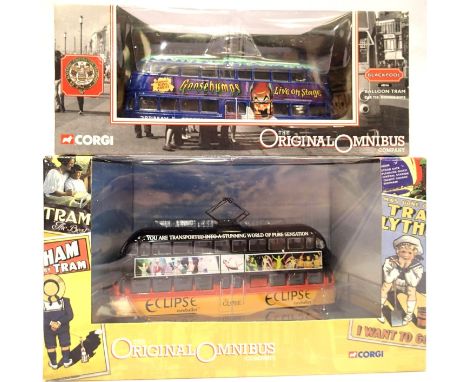 Two Corgi Blackpool trams, 43516 Balloon Goosebumps and 43504 Rail Coach Eclipse, both excellent condition, boxed. P&amp;P Gr