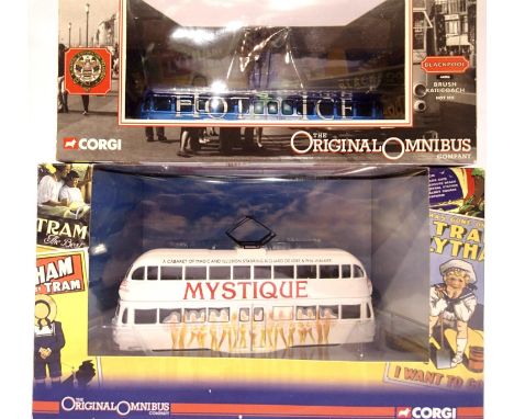 Two Corgi Blackpool trams 44006 Rail Coach Hot Ice and 43510 Balloon Mystique, both excellent condition, boxed. P&amp;P Group