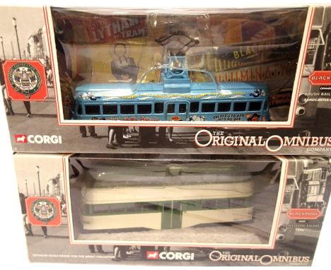 Two Blackpool Corgi trams, 44003 Rail Coach Sandcastle and 43509 Balloon 1990s, both excellent condition, boxed. P&amp;P Grou