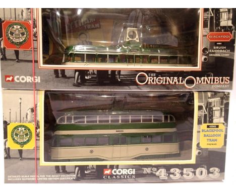 Two Corgi Blackpool trams, 44001 Rail Coach original Livery and 43503 Balloon Pre-War, both excellent condition, boxed. P&amp