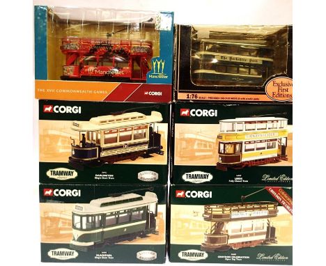 Five Corgi four wheel type tram cars and EFE Yorkshire Post tram cars, very good-excellent condition, boxed. P&amp;P Group 1 