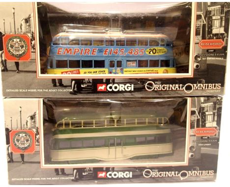 Two Corgi Blackpool trams, 43507 Empire and 43506 1934 Livery, both excellent condition, boxed. P&amp;P Group 1 (£14+VAT for 