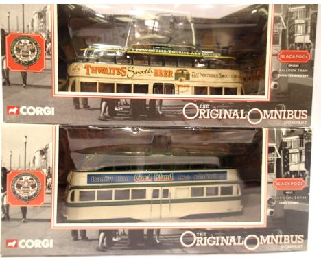Two Corgi Blackpool trams, 43501 Balloon Thwaites and 43513 Balloon 1980s, both excellent condition, boxed. P&amp;P Group 1 (