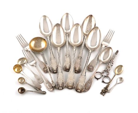 A mixed lot of silver flatware, various dates and makers, comprising: six King's Hourglass tablespoons, London 1815 and 1828,