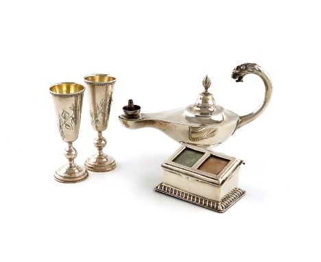 A mixed lot of silver items, comprising: a late-Victorian silver double stamp box, rectangular form,  the hinged cover set wi