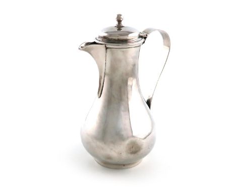 A silver hot water pot, by Holland, Aldewinckle and Slater, London 1918, baluster form, scroll handle, the hinged cover with 
