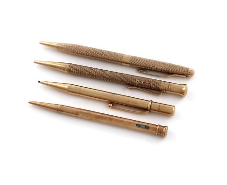 A collection of four 9 carat gold pencils, comprising: one by Johnson, Matthey &amp; Co., London 1947, plain cylindrical form