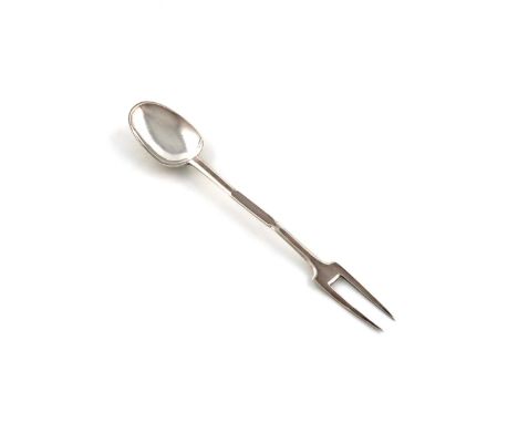 A William III silver sucket fork/spoon, by Benjamin Watts, London 1699, two-pronged tines, the oval bowl with a raised rat-ta