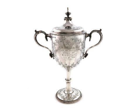 A Victorian presentation silver two-handled cup and cover, by T. Wilkinson and Sons, Birmingham 1868 urn shaped bowl, scroll 