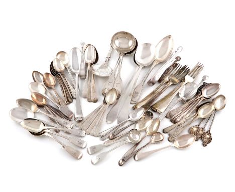 A mixed lot of silver flatware, various dates and makers, comprising: a set of six Old English pattern dessert forks, London 