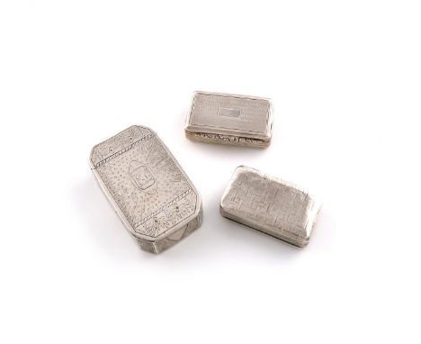 A small collection of three antique silver snuff boxes, comprising one by Samuel Pemberton, Birmingham 1816, rectangular form