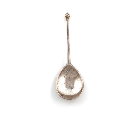 A rare Mary Tudor silver Wrythen Knop silver spoon, maker's mark of a cross with a pellet, London 1556, fig shaped bowl, tape