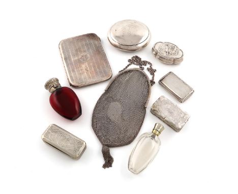 A mixed lot of silver items, comprising: a Victorian silver-gilt mounted red glass scent bottle, possibly by George Blatter, 