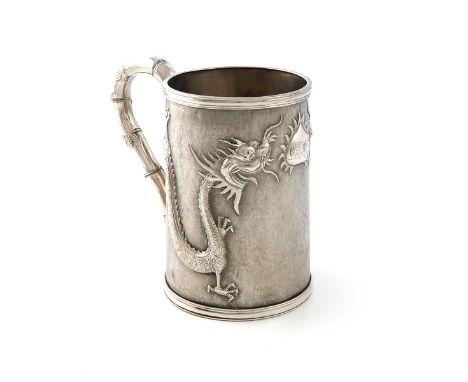 A Chinese silver mug, marked with Chinese characters and Luenwo, Shanghai circa 1900, tapering circular form, applied with tw
