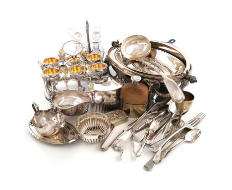 A mixed lot of old Sheffield and electroplated items, comprising: a six egg-cup frame with six egg cups and six silver egg sp