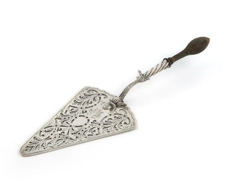 A George III silver serving trowel, by William Plummer, London 1767, the triangular blade with pierced and engraved scroll de