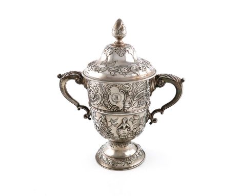 A mid 18th century Irish silver two-handled cup and cover, by Samuel Walker, Dublin circa 1760, circular form, central girdle