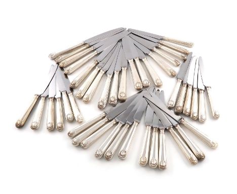 A modern set of fourteen silver Thread and Shell pattern table knives and twenty-eight dessert knives, by R. Comyns, London 1