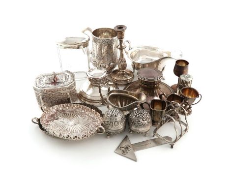 A mixed lot of silver items, various dates and makers, comprising: a Victorian mug, Edinburgh 1875, a pair of Scottish dishes