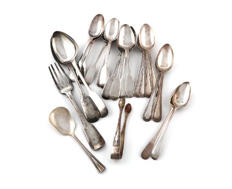 A mixed lot of silver flatware, various dates and makers, comprising: a pair of Fiddle pattern dessert spoons, London 1852, a