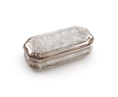 A Dutch silver tobacco box, marked with a stork, I.H and a T, probably 19th century, rectangular form, canted corners, the co