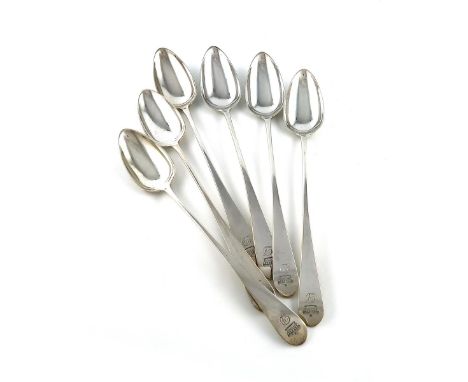 A set of six George III Scottish silver Celtic-point pattern basting spoons, by Alexander Henderson, Edinburgh 1804, the term