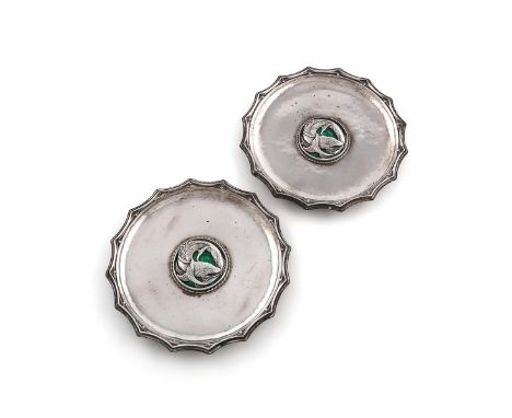 By Omar Ramsden, a pair of Arts and Crafts silver and enamel dishes, London 1933, also engraved 'OMAR RAMSDEN ME FECIT', circ