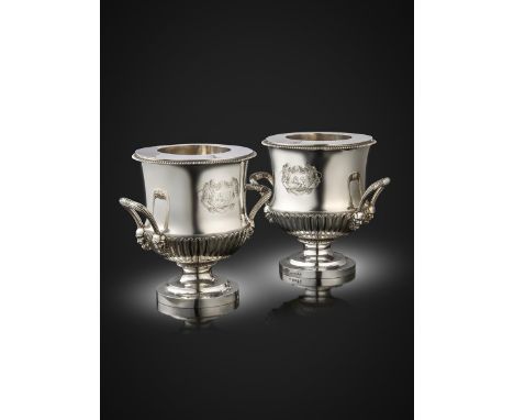 A pair of George III silver two-handled wine coolers, by William Frisbee, London 1807, circular bellied form, part-fluted dec